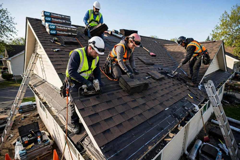 Roofing crew preparing equipment on a Gardena roof