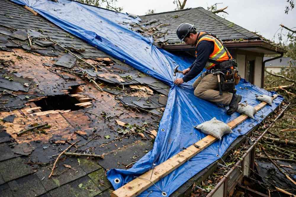 Emergency roof tarping after storm damage