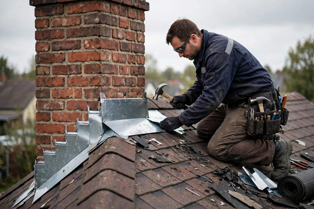 Roof flashing repair around a chimney
