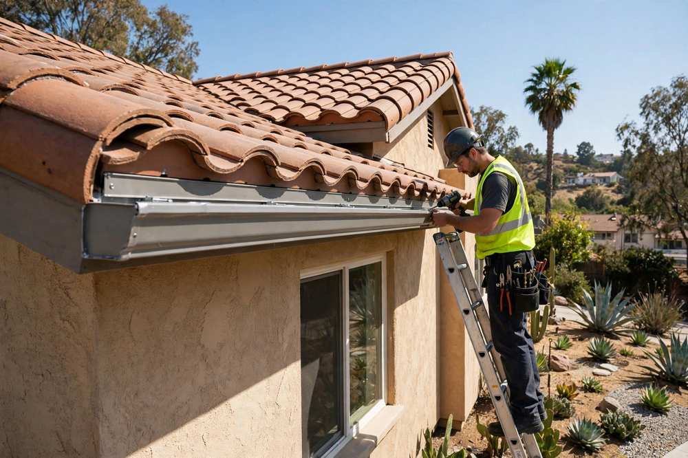 Gutter repair on a residential roof
