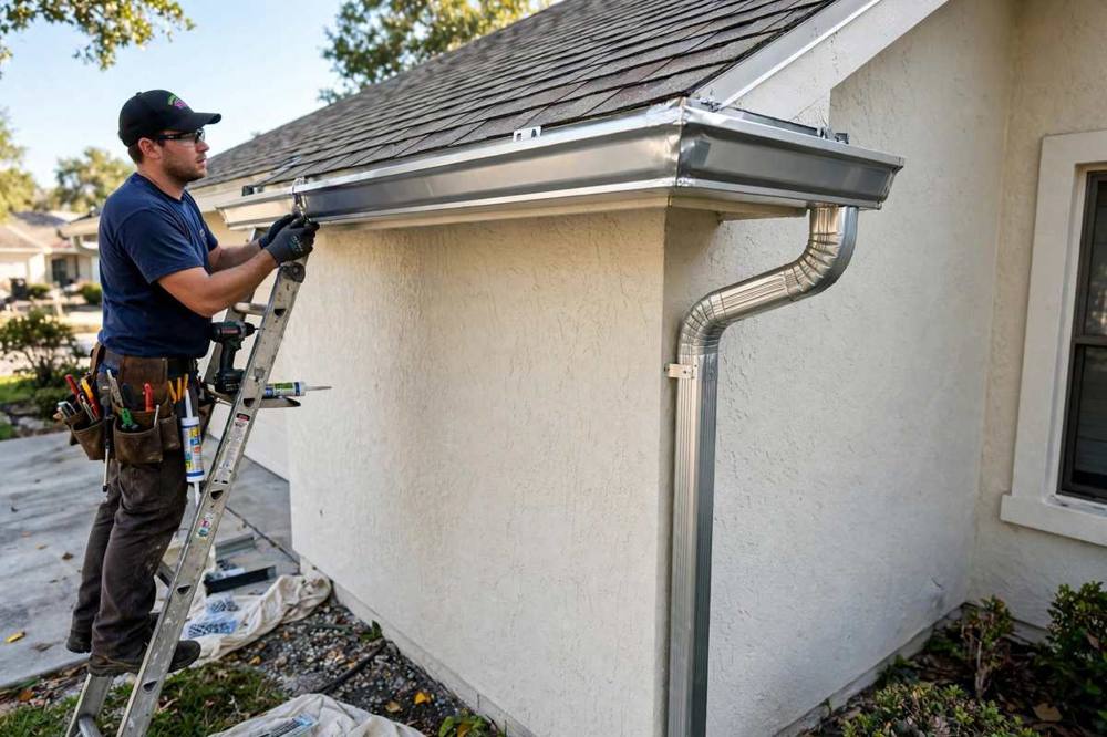 New gutter installation along a roof edge