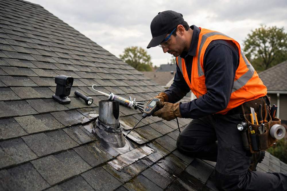 Roof leak repair at a flashing detail