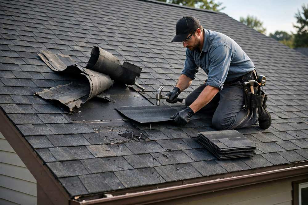 Roof repair work on a pitched roof