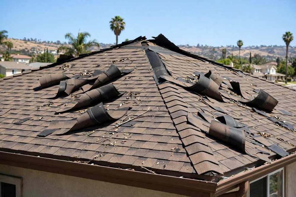 Storm-damaged roof with lifted shingles